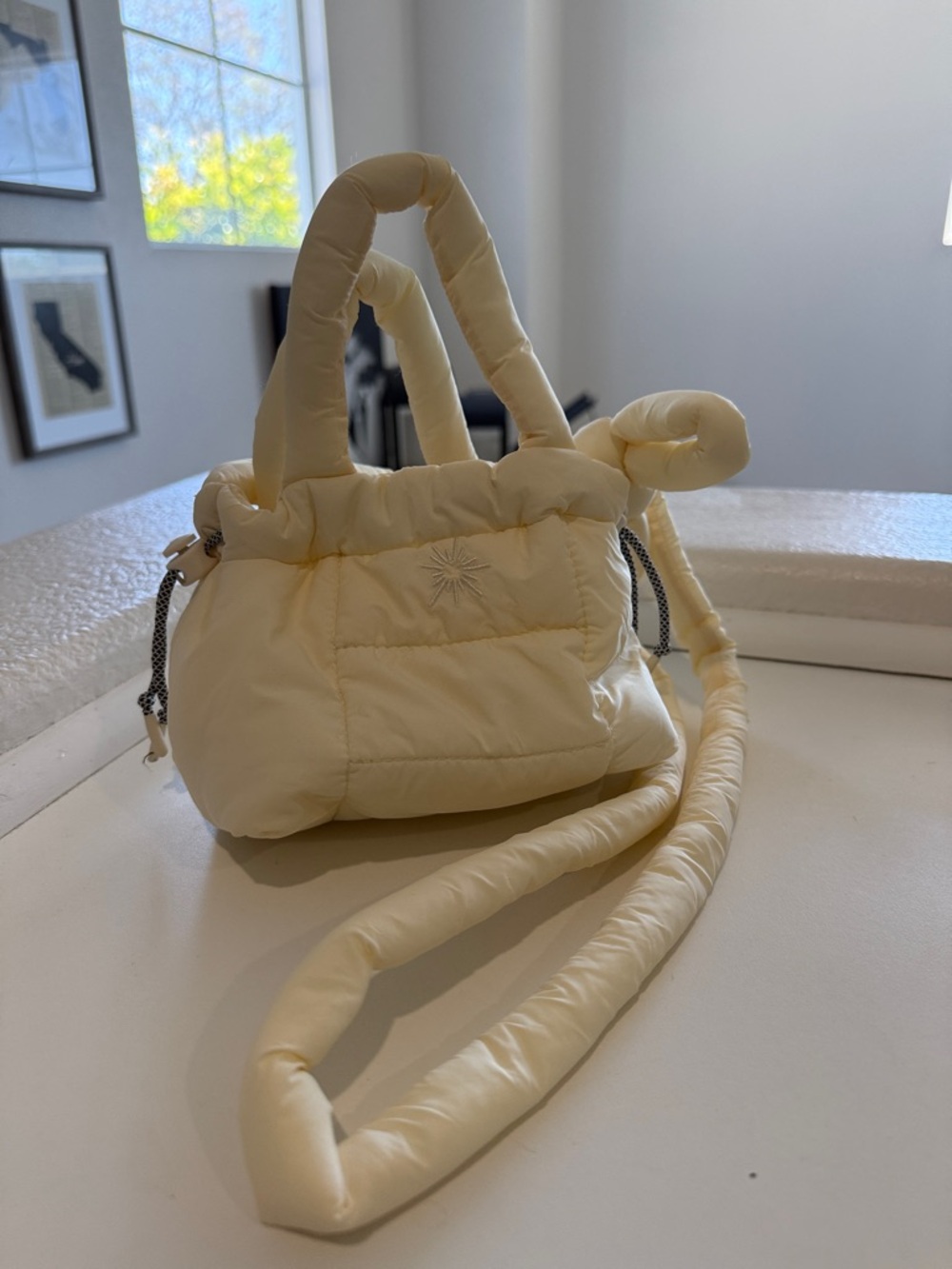 Aerie Cream Puffer Tote Bag with Long Strap